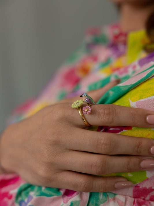 Anello regolabile con colibrì e fiore di Anna