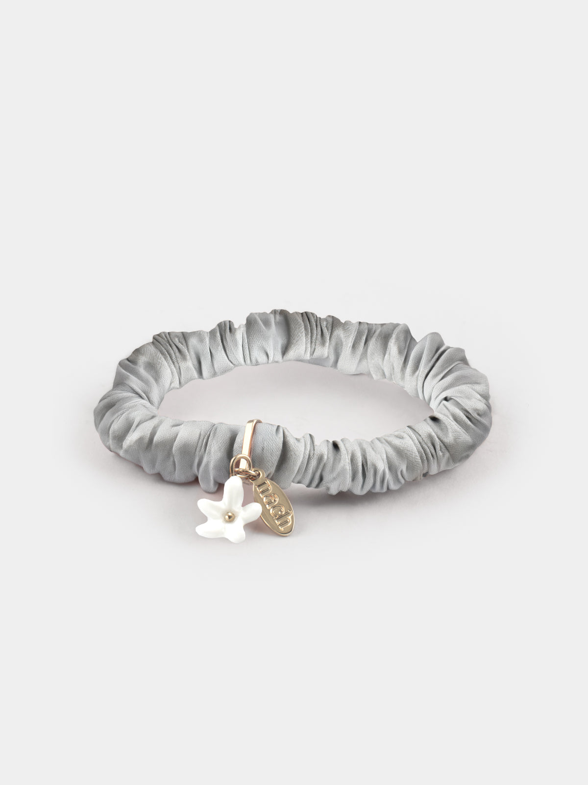 bracciale scrunchie grigio, seta e gelsomino