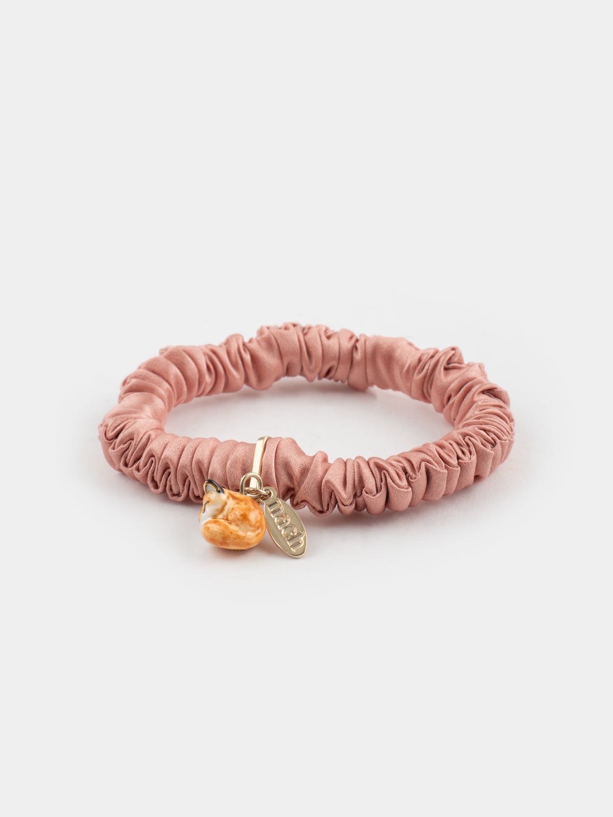 braccialetto scrunchie rosa, seta e volpe