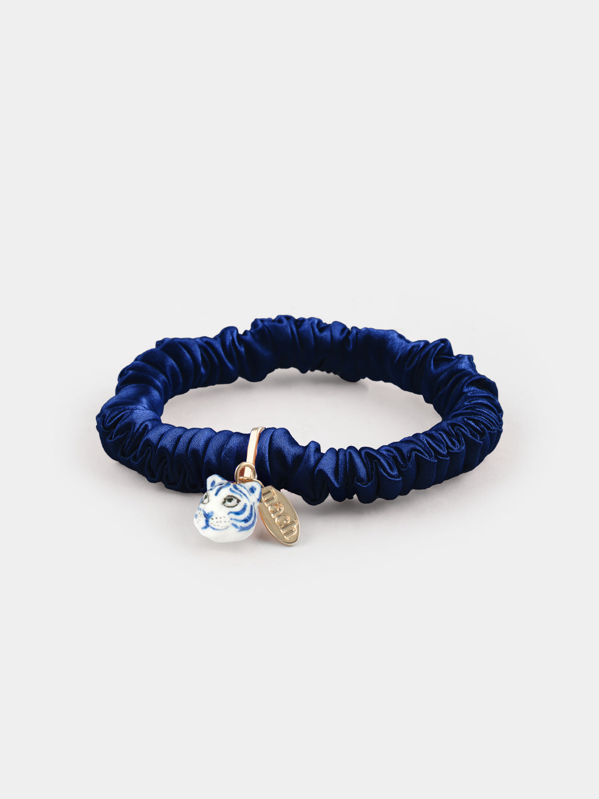 braccialetto scrunchie blu, seta e tigre