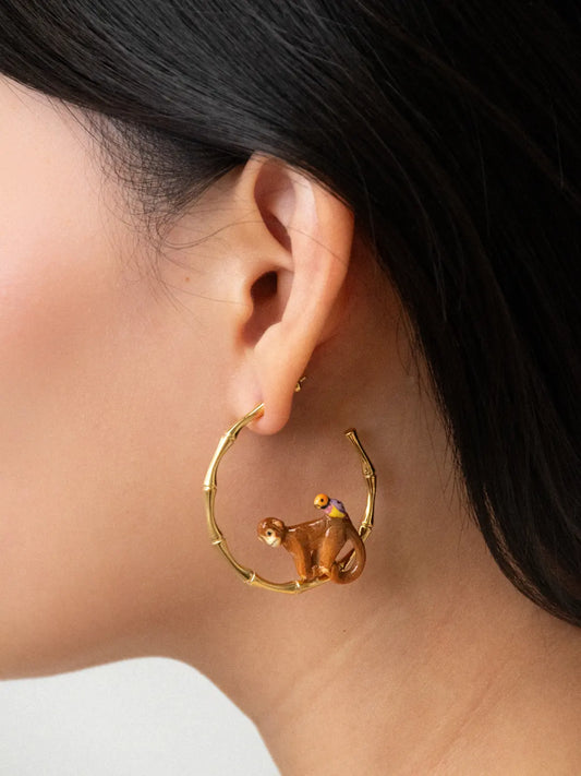 Bamboo, monkey and bird hoop earrings