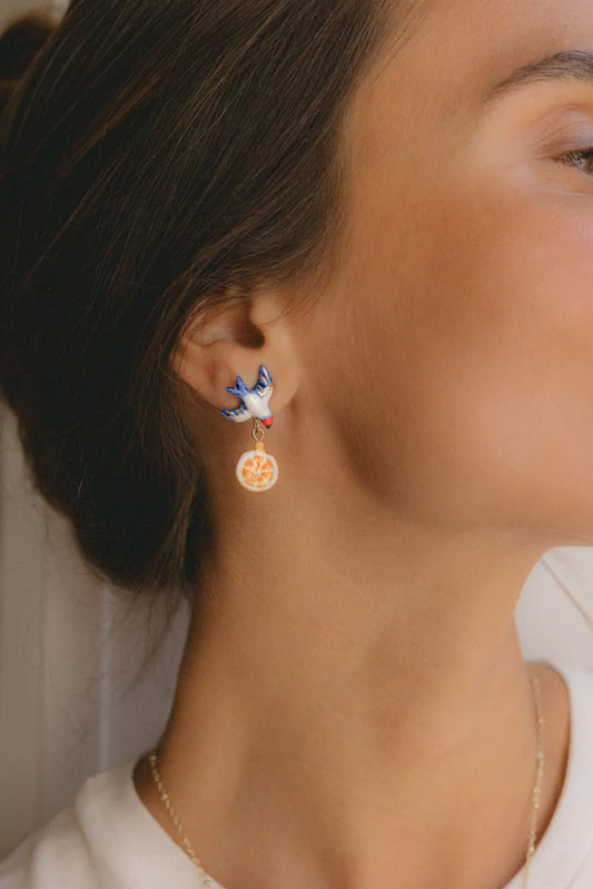 Boucles d'oreilles hirondelle, orange et fleur