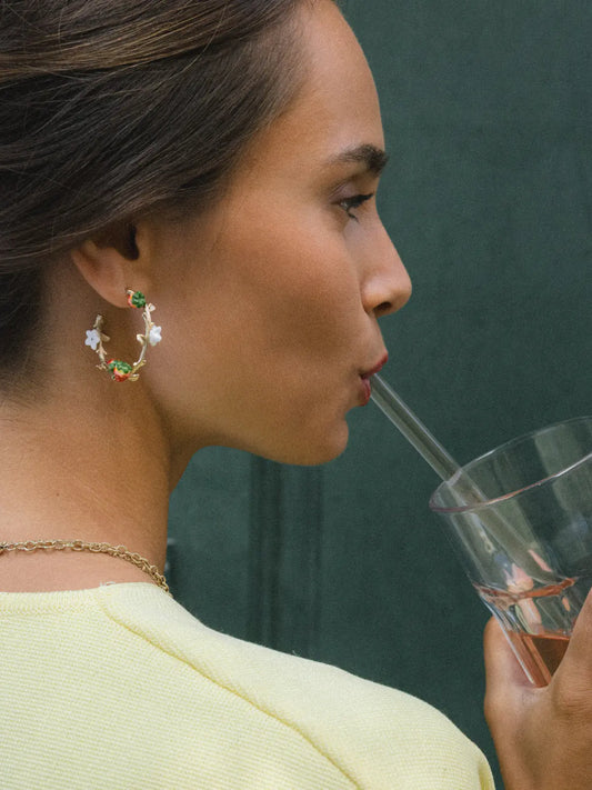 Boucles d'oreilles créoles branche fraises et fleur