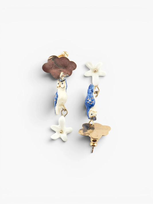 Boucles d’oreilles pendantes nuage, chouette et jasmin
