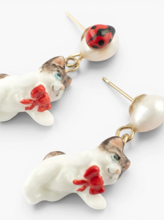Boucles d'oreilles pendantes chat Ragdoll et perle - 15 ans