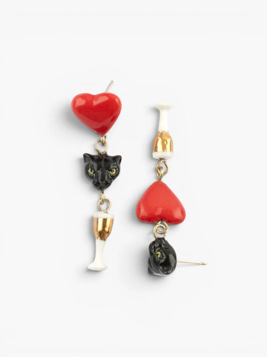 Boucles d'oreilles pendantes panthère, cœur et champagne - 15 ans