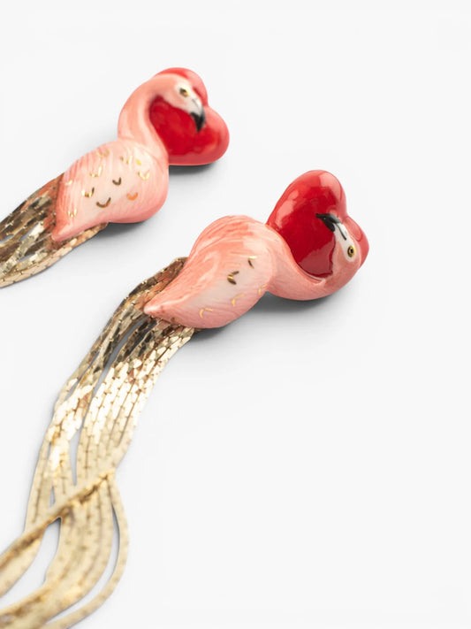 Boucles d'oreilles flamant rose et cœur à franges - 15 ans