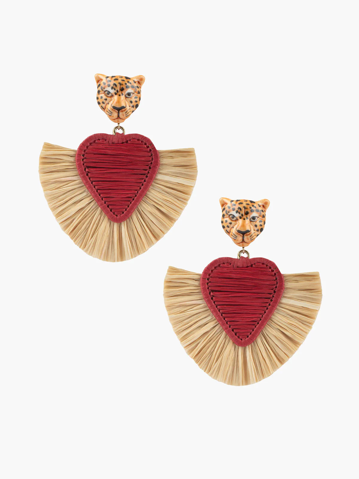 Boucles d'oreilles pendantes guépard et cœur raphia