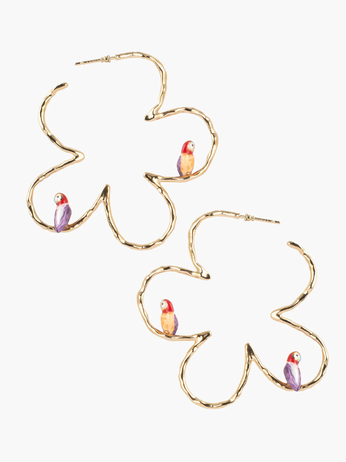 Boucles d'oreilles fleur ciselée et perroquets violets