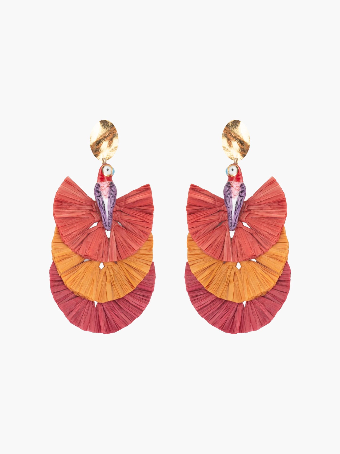 Boucles d'oreilles pendantes perroquet mexicain violet et raphia