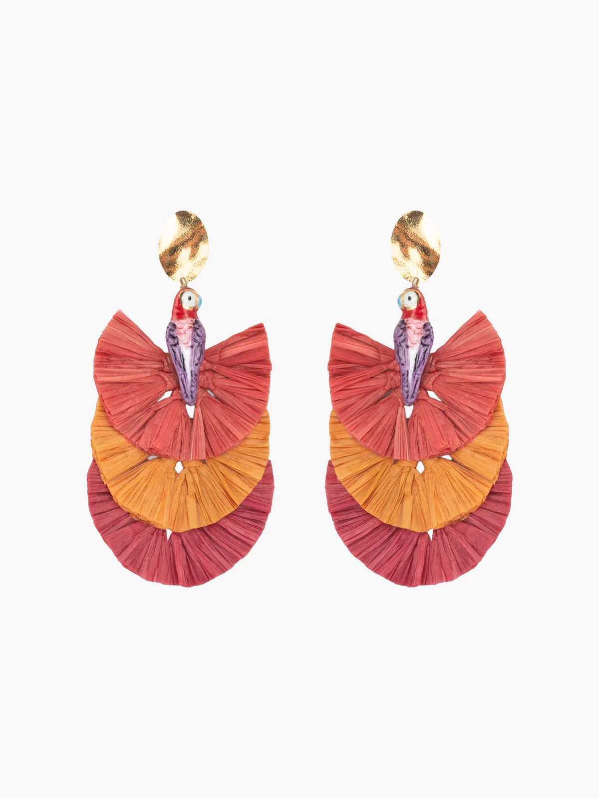 Boucles d'oreilles pendantes perroquet mexicain violet et raphia