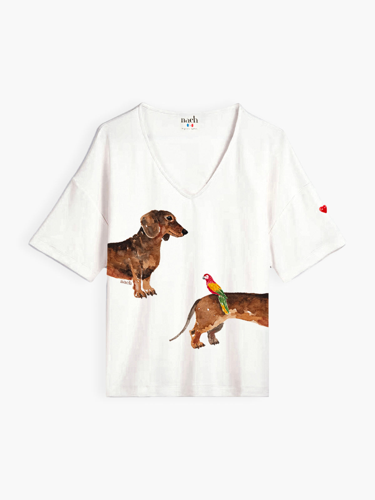 T-shirt col V teckel et oiseau