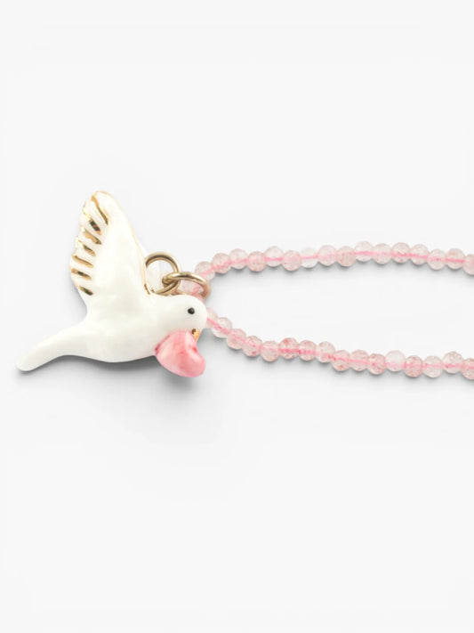 Collier colombe et perles de quartz - Octobre rose
