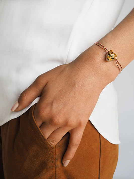 bracelet ajustable en porcelaine peinte à la main et coton animal léopard