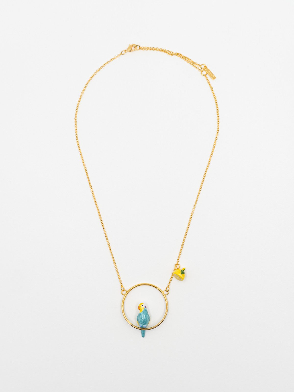 collier doré rond perruche bleue jaune oiseau citron porcelaine