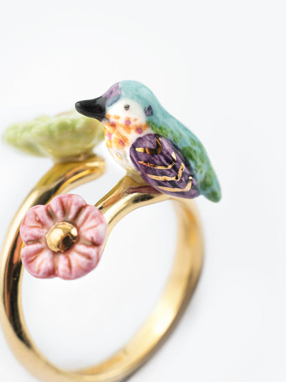 Bague ajustable colibri d'Anna et fleurs