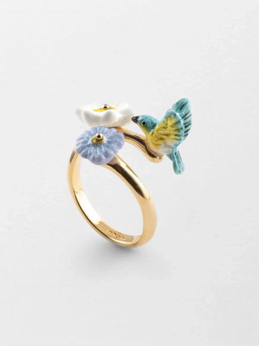 Bague Oiseau Paruline Bleue et Fleurs