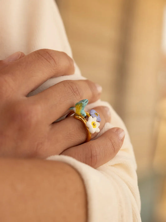 Bague Oiseau Paruline Bleue et Fleurs