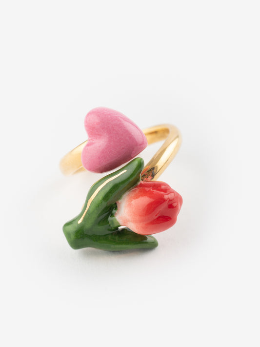 Anello con tulipano rosso e cuore