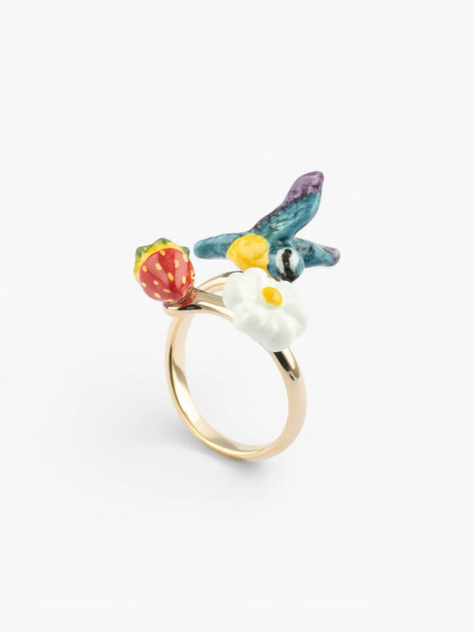Titmouse, flower and strawberry ring