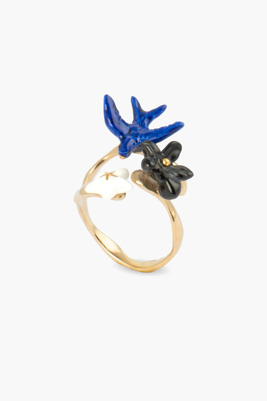 Anello con rondine blu e fiore