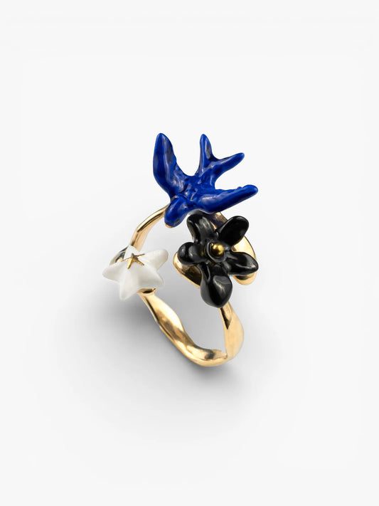 Blue swallow and flower ring