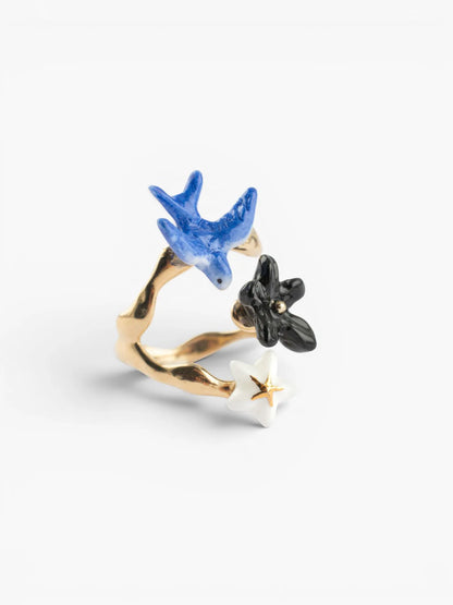 Blue swallow and flower ring