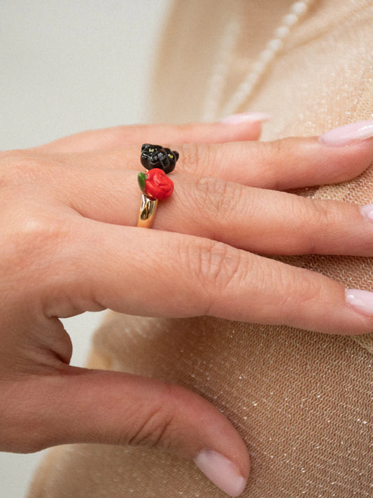 Bague FaceToFace panthère noire et rose - 15 ans