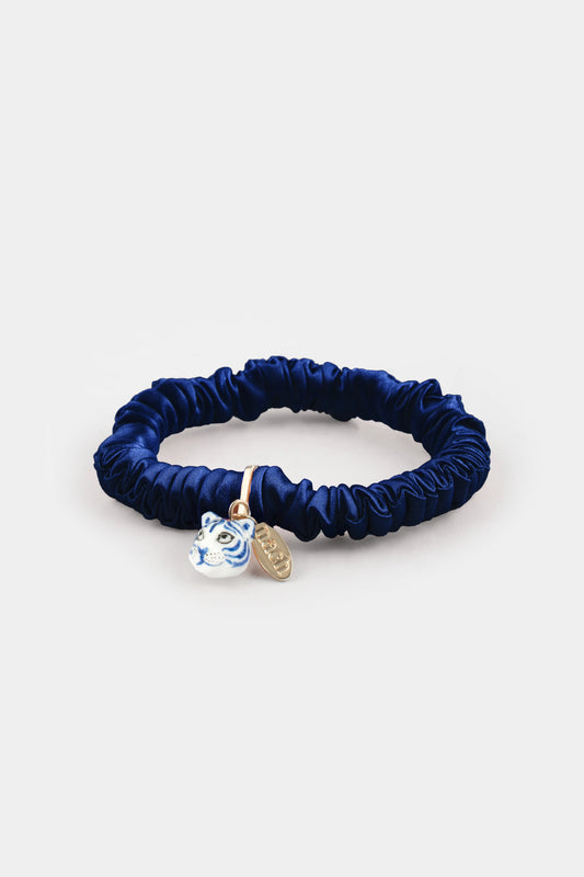 braccialetto scrunchie blu, seta e tigre