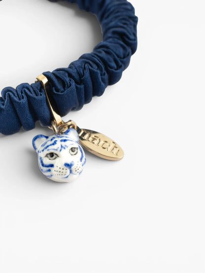 Bracelet chouchou bleu, soie et tigre
