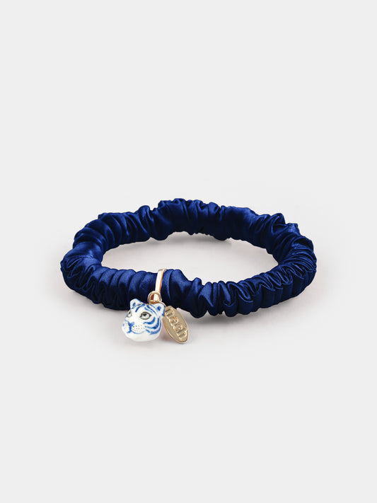 braccialetto scrunchie blu, seta e tigre