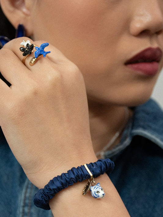 Bracelet chouchou bleu, soie et tigre
