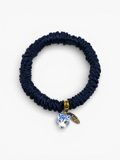 Bracelet chouchou bleu, soie et tigre