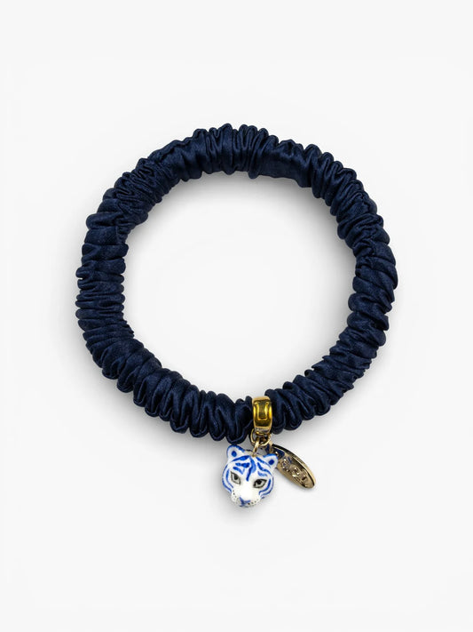 Bracelet chouchou bleu, soie et tigre