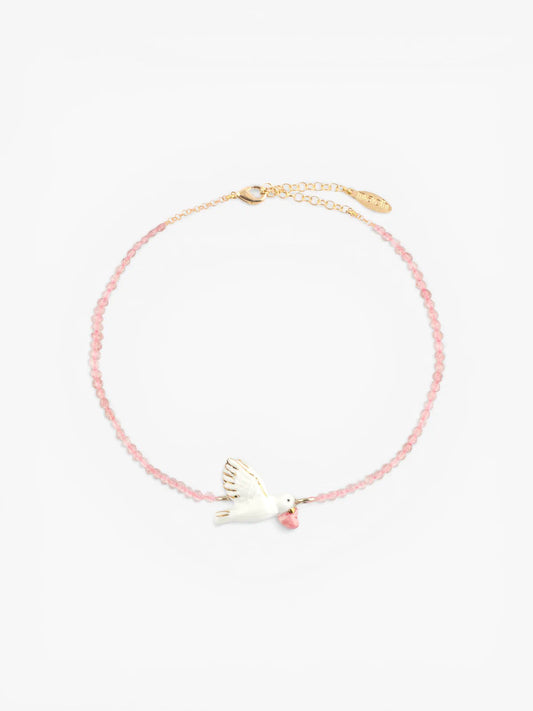 Bracelet colombe et pierres de quartz - Octobre rose