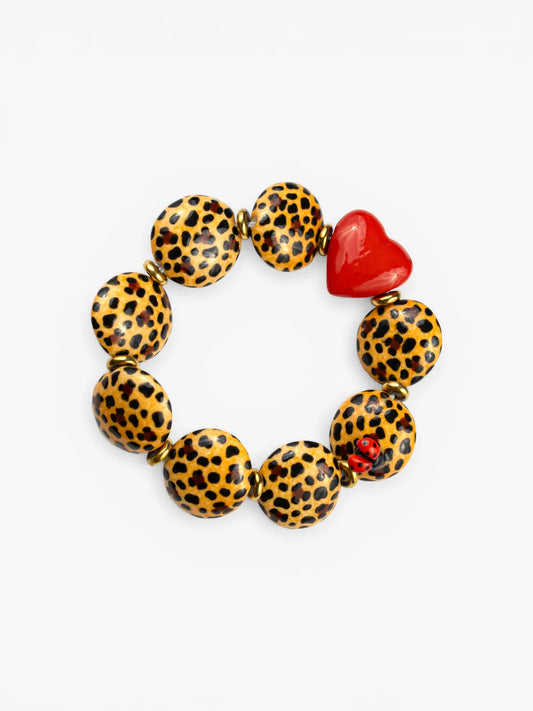 Bracelet perles motif léopard, cœur et coccinelle  - 15 ans