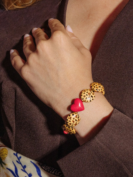 Bracelet perles motif léopard, cœur et coccinelle  - 15 ans