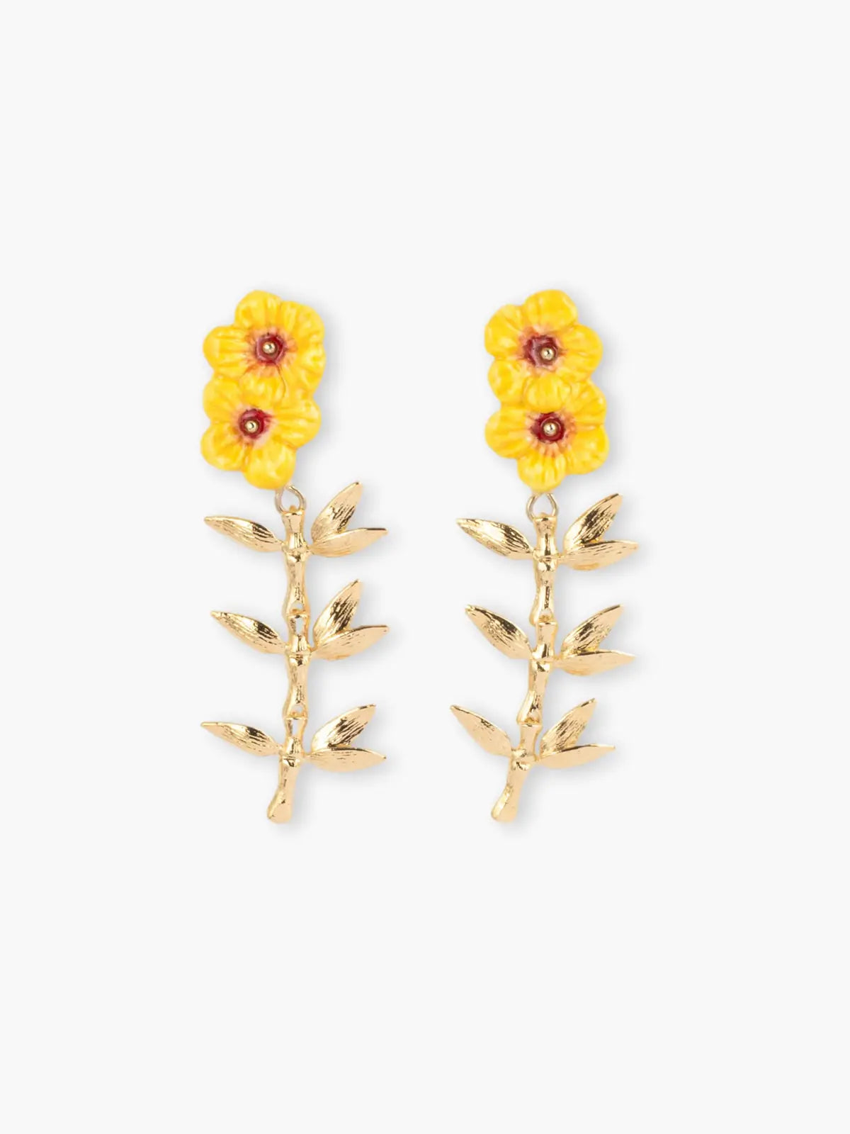 Boucles d’oreilles pendantes double hibiscus et feuilles