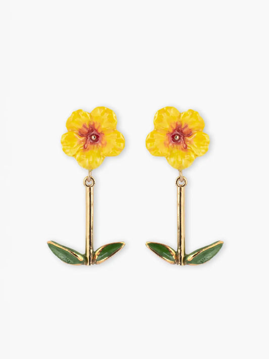 Boucles d’oreilles pendantes hibiscus et feuilles
