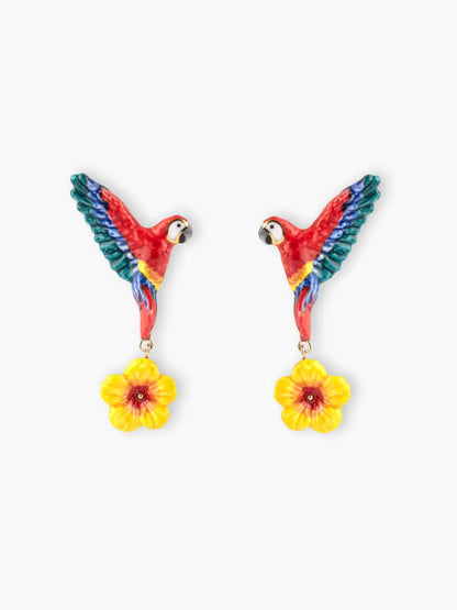 Boucles d’oreilles pendantes perroquet volant et hibiscus