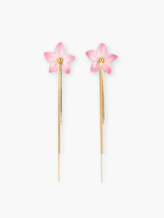 Boucles d’oreilles fleur de lys rose à franges