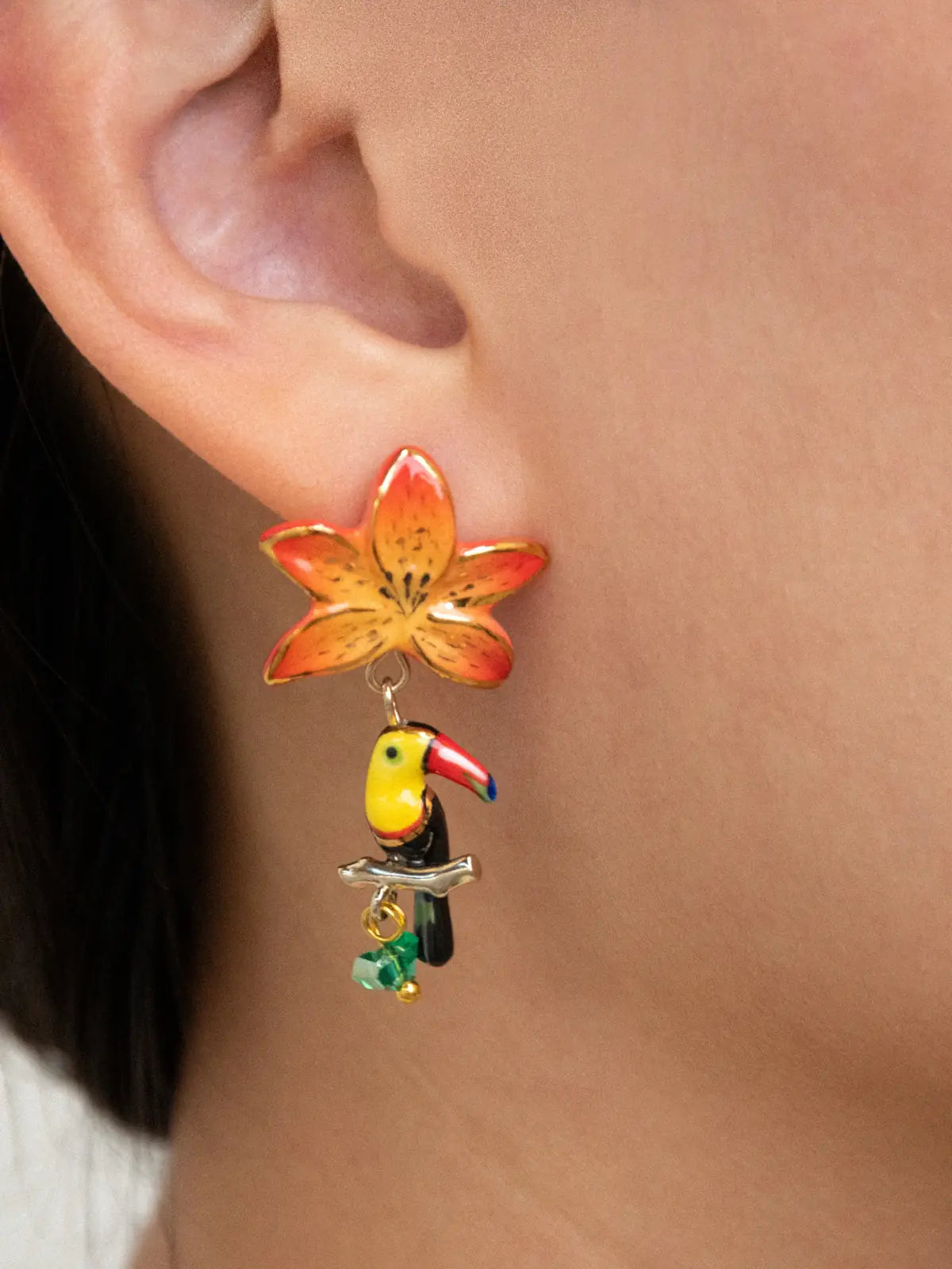 Tiger lily and toucan drop earrings
