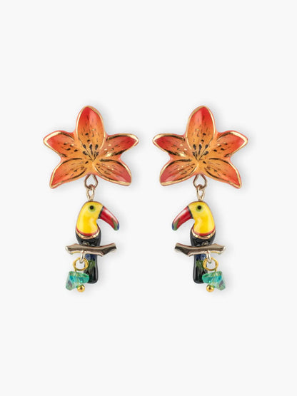 Tiger lily and toucan drop earrings