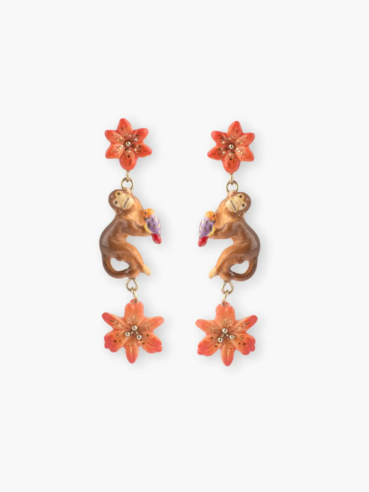 Orecchini pendenti con giglio tigrato e scimmia