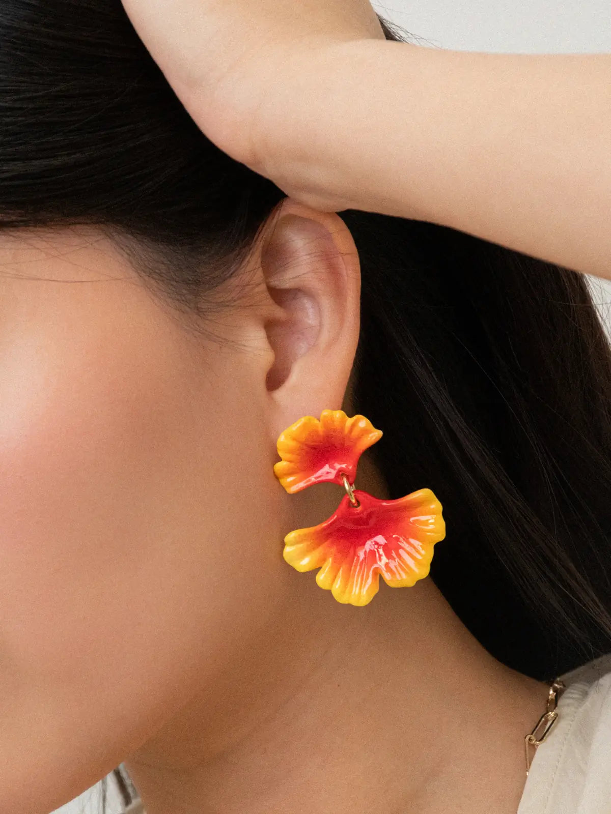 Orange ginkgo leaf dangle earrings