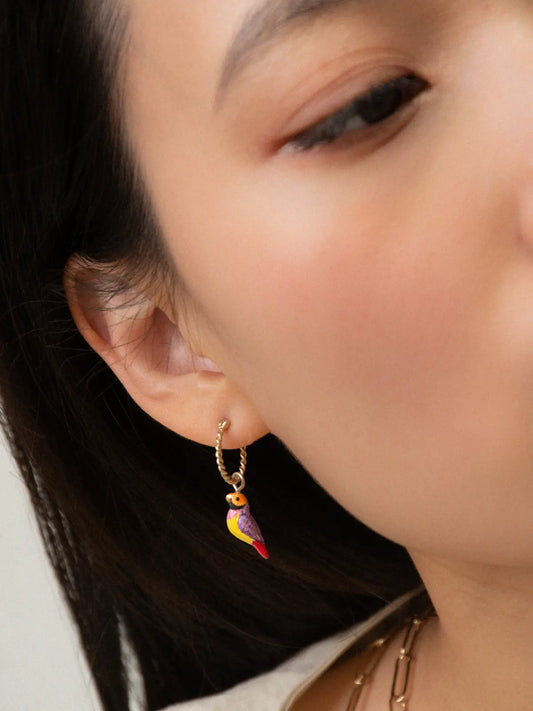 Mini Gouldian diamond bird hoop earrings - Sold individually