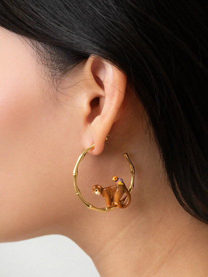 Bamboo, monkey and bird hoop earrings