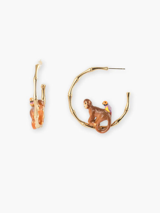 Bamboo, monkey and bird hoop earrings