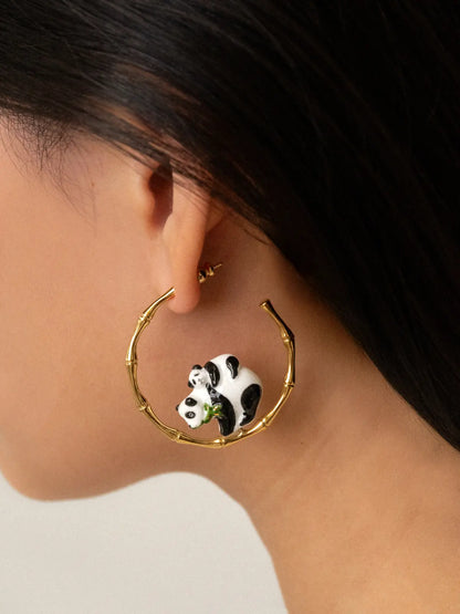 Panda bamboo hoop earrings