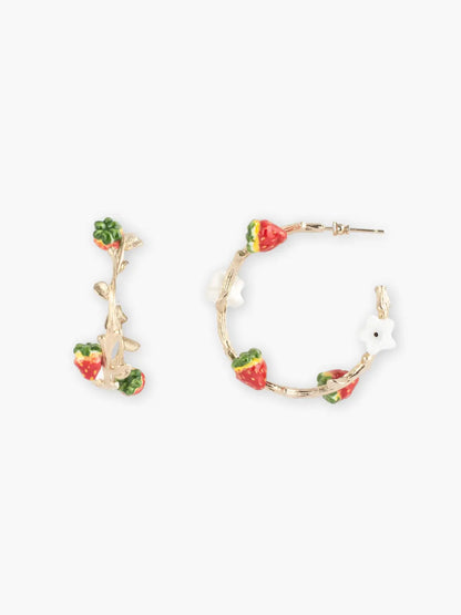 Boucles d'oreilles créoles branche fraises et fleur